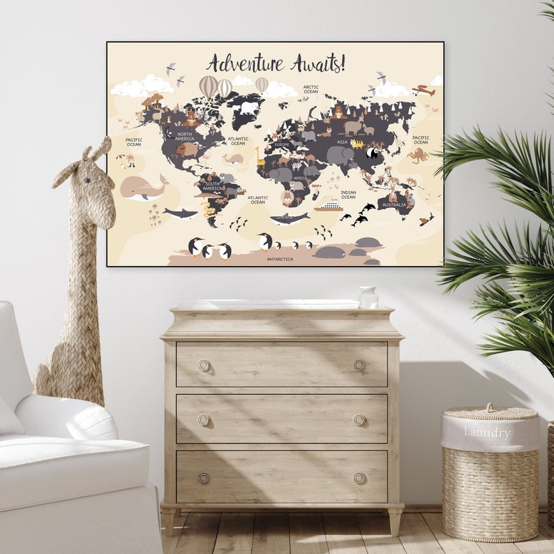 Printable World Map Nursery Poster Downloadable Playroom Etsy Australia