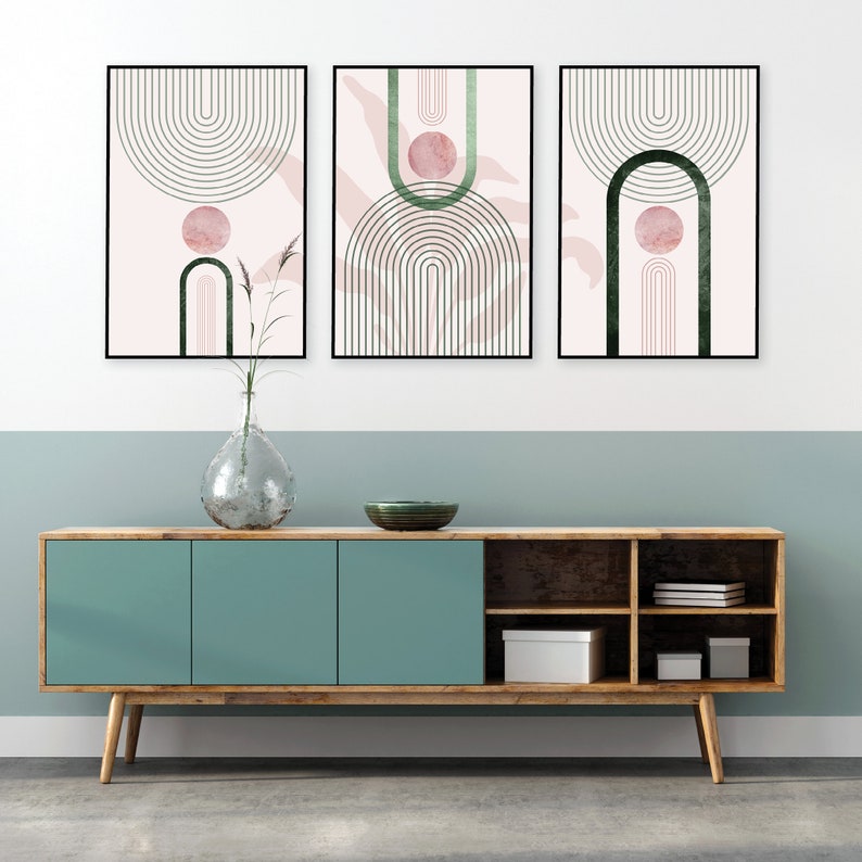 Printable Pink Green Wall Art Art Set of 3 Mid Century Trio Etsy