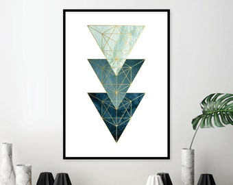 Downloadable geometric abstract print in teal gold Printable Scandinavian wall art decor Scandi modern abstract geometric download triangles