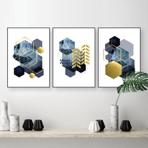 Printable wall art, Geometric navy blue mustard yellow, Blue gold art set, Abstract printable set of 3, Digital download, Large printable