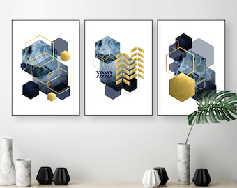 Printable wall art, Geometric navy blue mustard yellow, Blue gold art set, Abstract printable set of 3, Digital download, Large printable