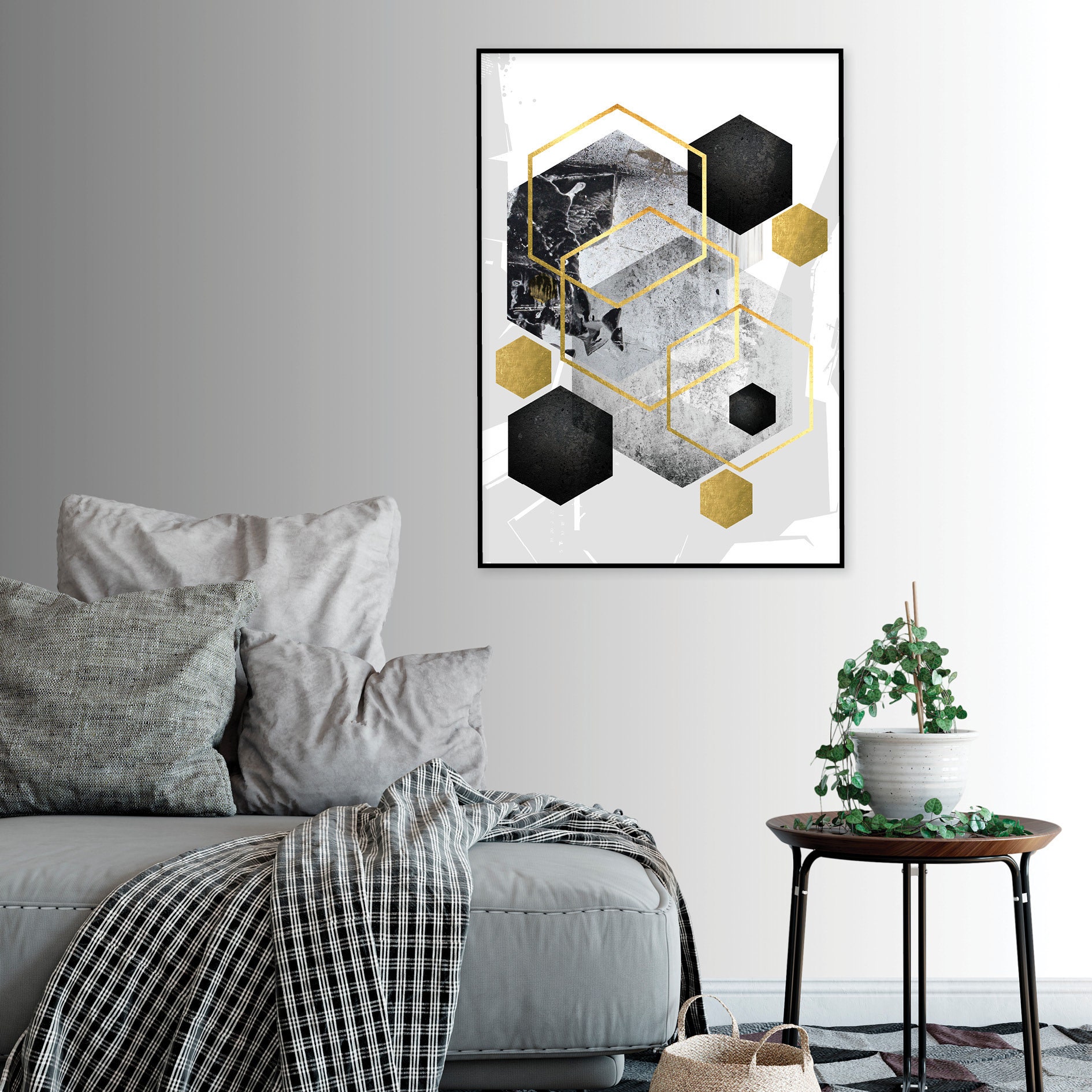 Black White Grey Gold Downloadable Art Modern Hexagon Geometric Print  Printable Geometric Wall Art Contemporary Wall Decor Large Poster A1 - Etsy