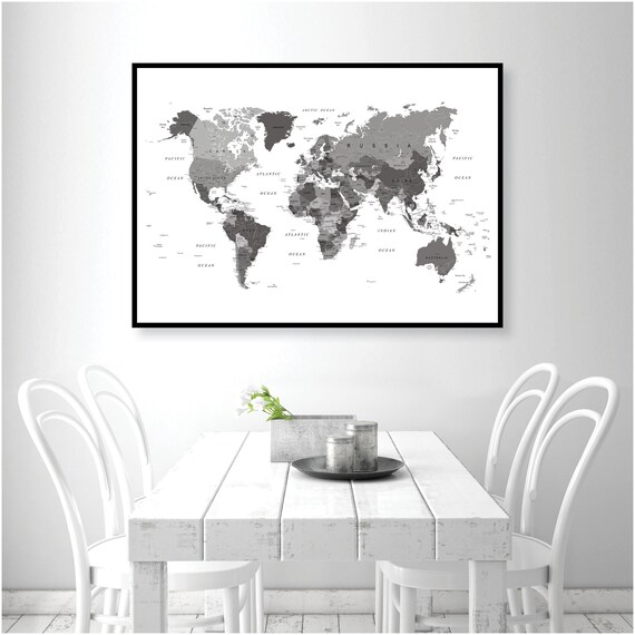 Sticker Carte Téléchargeable Monde Noir Et Blanc Carte Art Grand Monde Imprimable Dortoir Décor Affiche Digital Download étude Décoration Murale