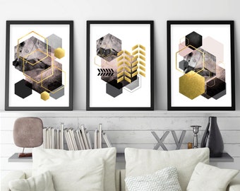 Geometric Wall Art Set: Blush Pink, Gold, Grey (Digital Download)