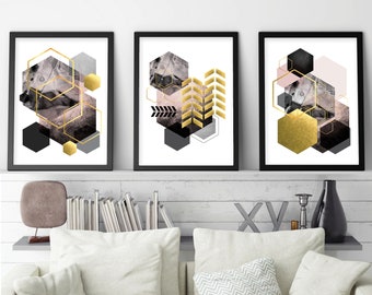 Set of 3 printable blush pink grey black gold posters Living room art large Digital download geometric wall art Downloadable modern artwork