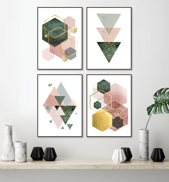 Set Of 4 Printable Blush Pink Hunter Green And Gold Geometric Art Prints Digital Download Bedroom Wall Decor Trending Now Wall Art 61 X 91cm