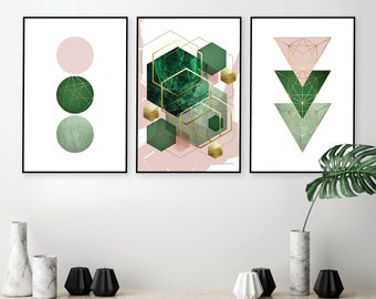 Printable art, Emerald green wall art trio, Set of 3, Pink green art, Digital download, Matching artwork, Elegant stylish, Living room art