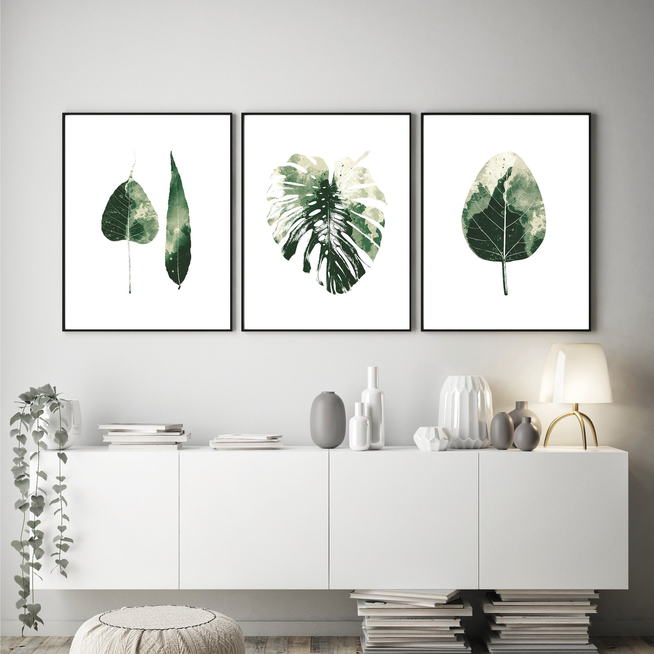 Downloadable Set of 3 Botanical Leaf Prints Printable Wall Art Green ...