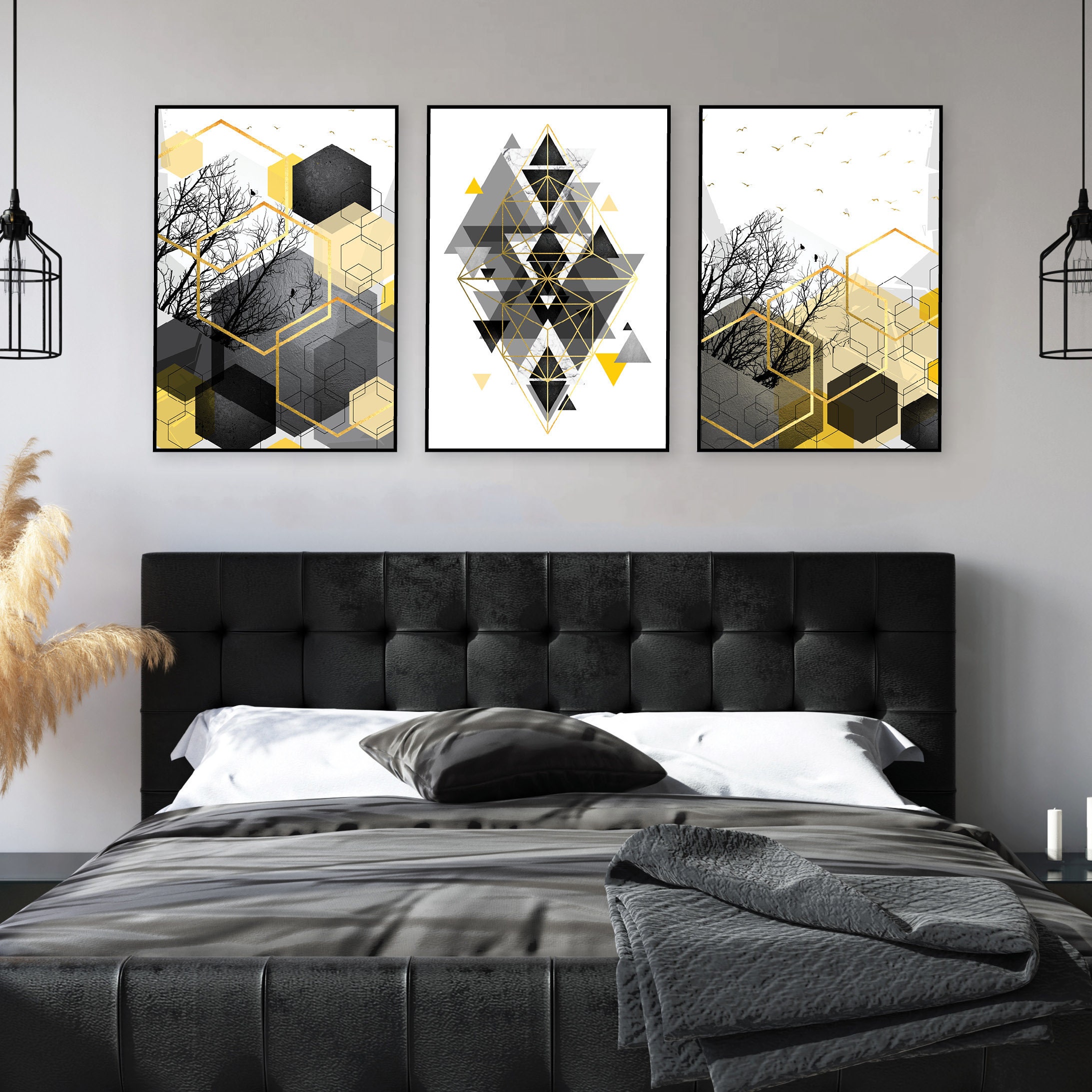 Set of 3 Downloadable Prints Yellow Grey Geometric Wall Art Etsy Canada