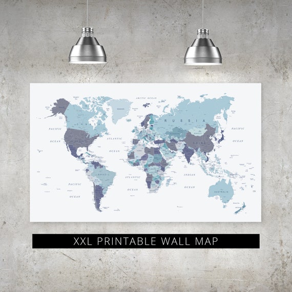 extra large printable world map in blue xl downloadable map etsy