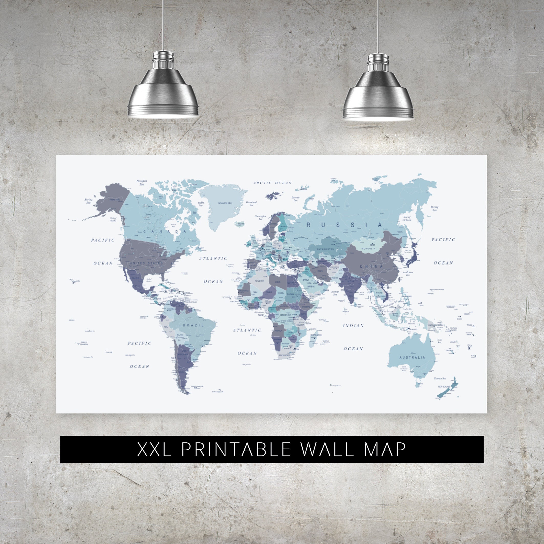 extra large printable world map in blue xl downloadable map etsy