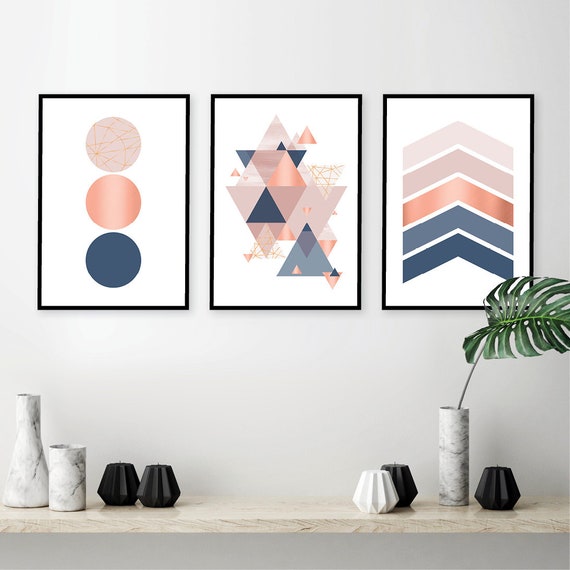 Printable Art Set Of 3 Geometric Navy Blush Blue Blush Art Set Navy Blush Pink Copper Blush Navy Wall Decor Pink Bedroom Decor Art
