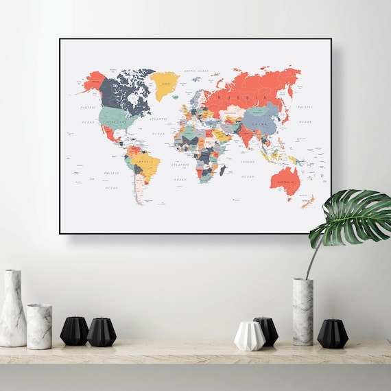 printable world map poster happy colors downloadable large etsy