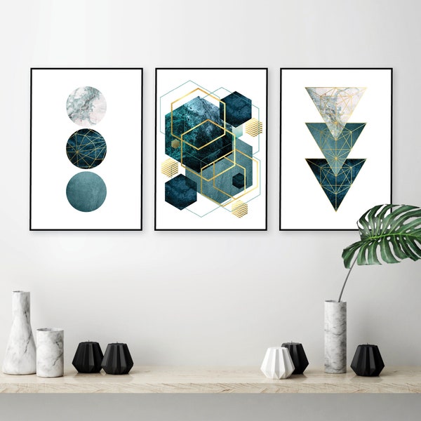 Teal and Gold Geometric Wall Art Prints (Digital Download)