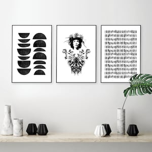 Downloadable 3 set black white art prints Printable monochrome female portrait wall art Minimalist Scandinavian modern decor brushstrokes