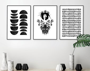 Downloadable 3 set black white art prints Printable monochrome female portrait wall art Minimalist Scandinavian modern decor brushstrokes