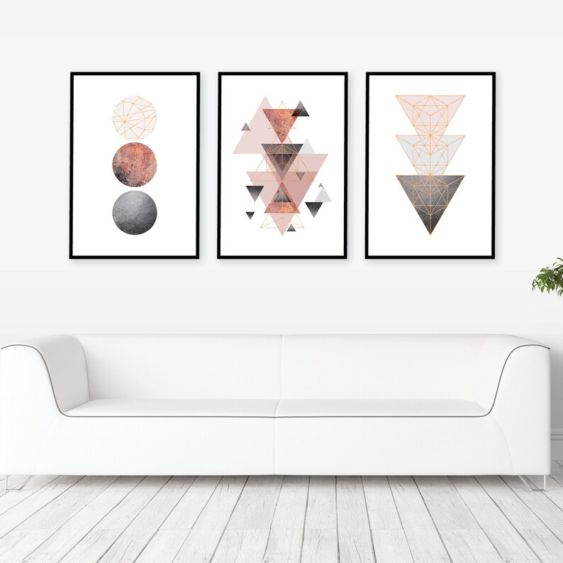 Downloadable printable art set of 3 Scandinavian modern geometric prints in blush pink grey rose gold Scandi wall art instant downloads image 10