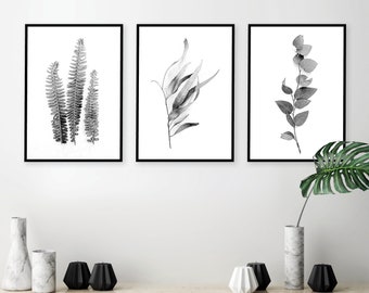 Downloadable set of 3 botanical prints black white monochrome Printable art Australian gum leaves fern fronds Print set Wall art Wall Decor