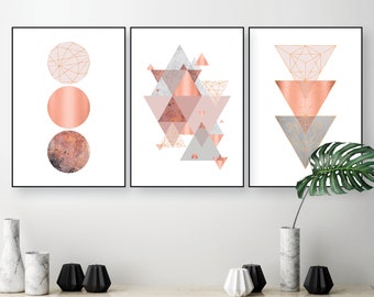 Trio of downloadable wall art prints in blush pink grey copper rose gold Digital downloads of set of 3 copper blush wall decor Trending now