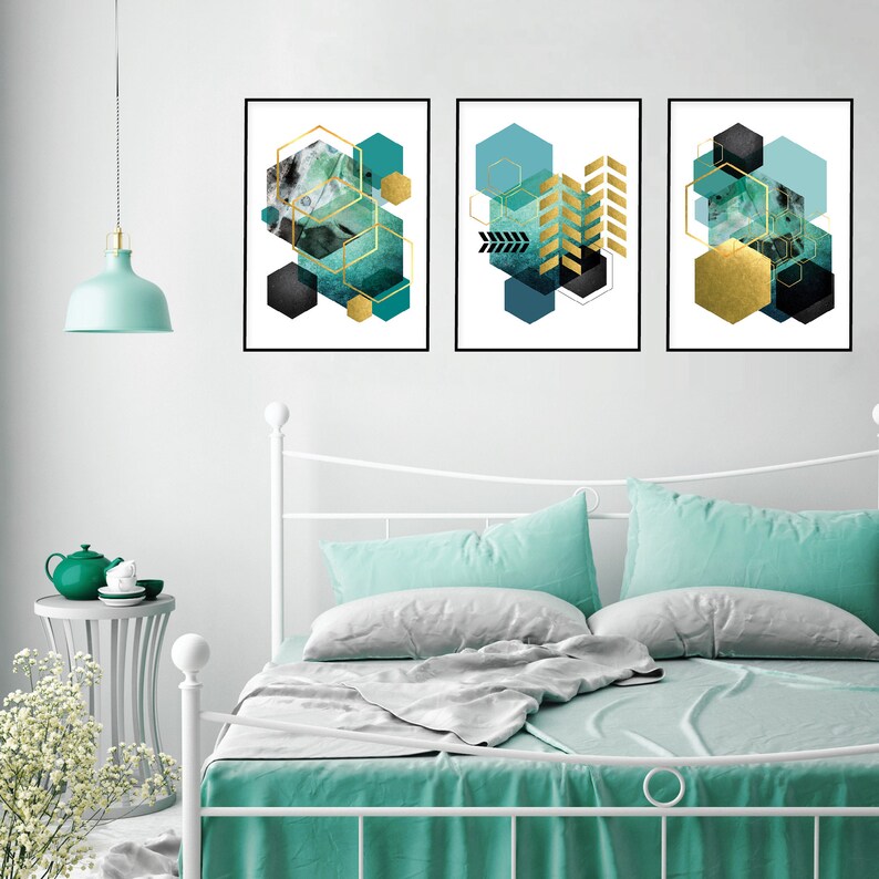 Printable Art Set Teal Gold Wall Art Turquoise Aqua Etsy