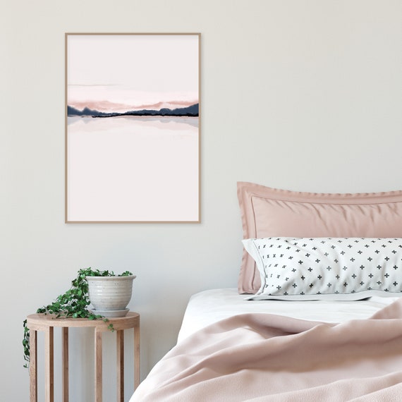 Horizon Blush Pink Navy Blue Printable Art Downloadable Watercolor Wall Print Modern Minimalist Poster Dusky Pink Pink Bedroom Wall Decor
