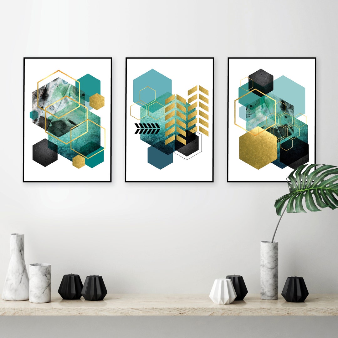 Printable Art Set, Teal Gold Wall Art, Turquoise Aqua Triptych, Teal