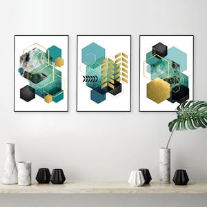 Printable art set, Teal gold wall art, Turquoise aqua triptych, Teal triptych Scandanvian, Wall art set 3, Downloadable art teal, Abstract