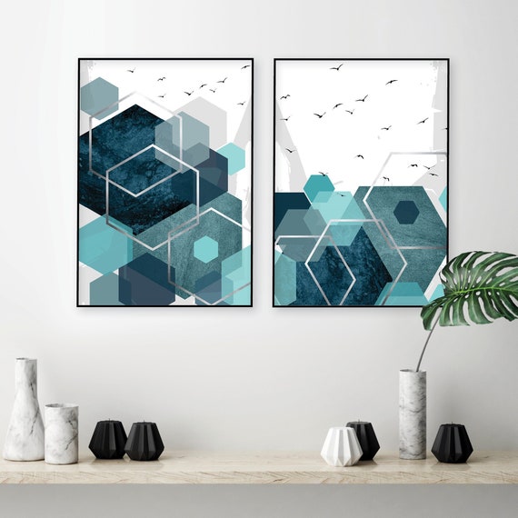 Set of 2 printable abstract art prints in teal aqua turquoise silver Downloadable geometric Hexagonal wall art Poster downloads High res A1