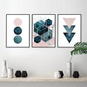 Teal blush pink silver printable wall art, Digital download, Wall art bedroom, Living room art, Contemporary art, Set of 3 prints teal pink