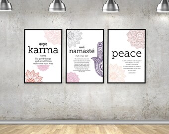 Yoga Studio Poster Set: Karma, Namaste, Peace (Digital Download)