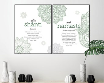 Shanti Namaste Yoga Print Set, Sage Green Posters (Digital Download)