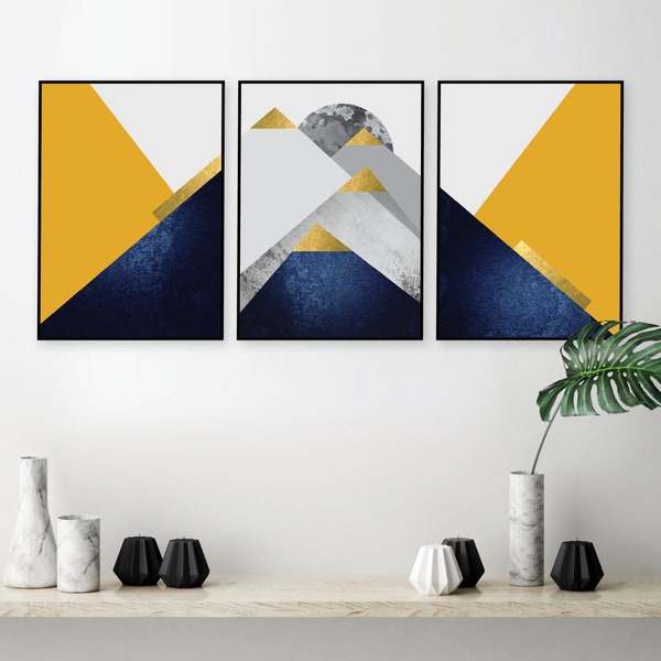 Downloadable prints, Set of 3 Mountain triptych, Navy blue yellow grey gold, Geometric mountain printable art, Trio digital download