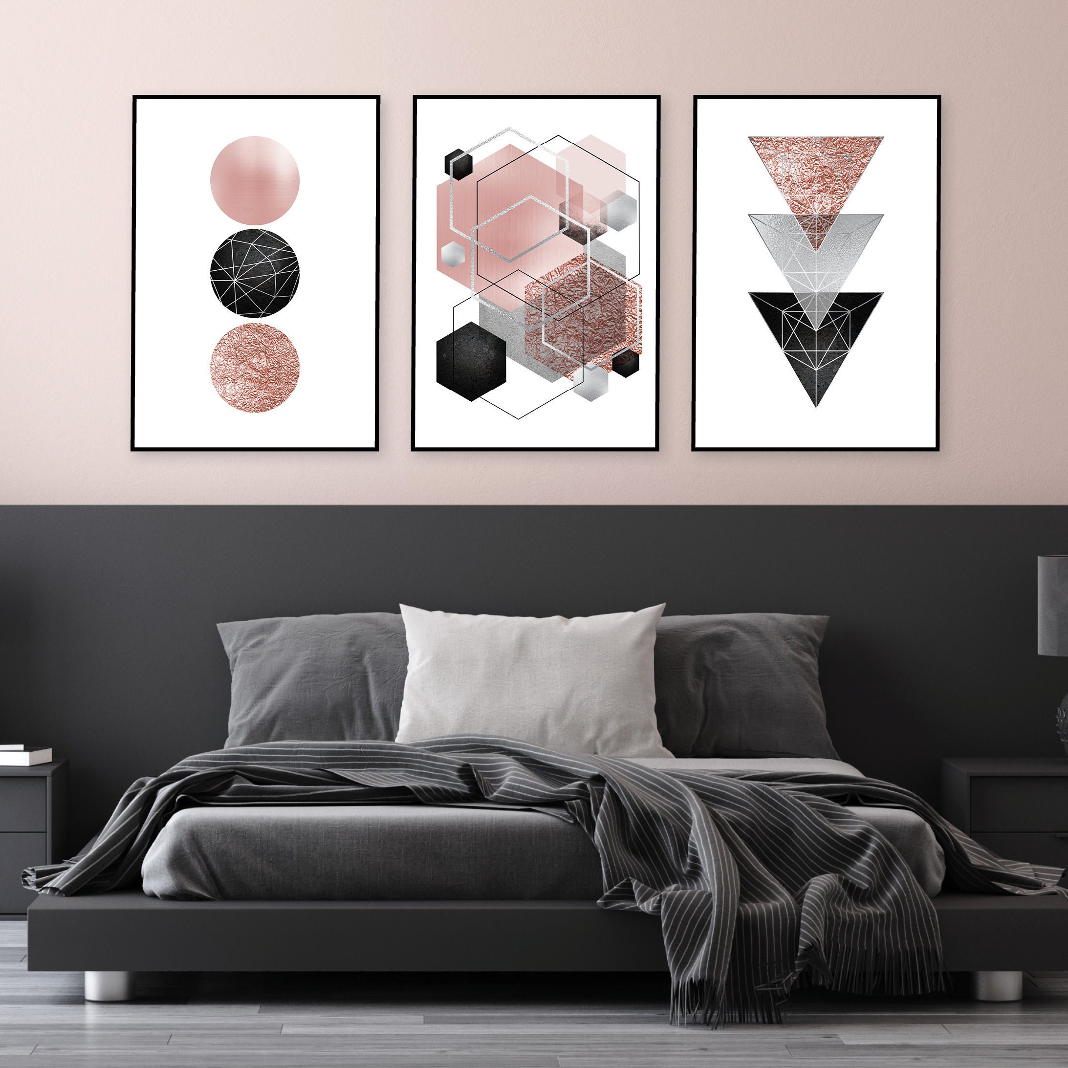 Digital download blush pink grey silver wall art set of 3 Etsy