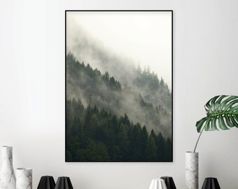 Misty Forest Print, Scandinavian Mountain Wall Art (Digital Download)