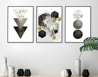 Printable art set of 3 in black white grey gold, Digital download living room art, Geometric art set trio, Abstract downloadable art prints