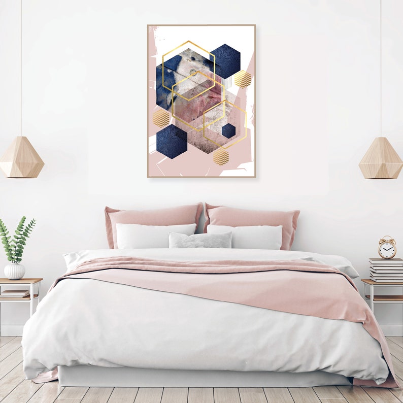 Poster digital download in blush pink navy blue and gold Downloadable abstract print Printable hexagon wall art Scandi decor modern image 8