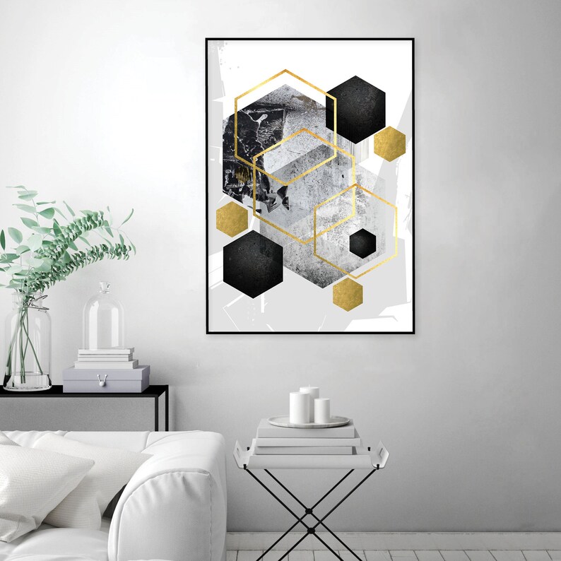 Black White Grey Gold Downloadable Art Modern Hexagon Geometric Print Printable Geometric Wall Art Contemporary Wall Decor Large Poster A1 Art Collectibles Prints Fontane Physio De