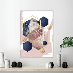 Poster digital download in blush pink navy blue and gold Downloadable abstract print Printable hexagon wall art Scandi decor modern image 1