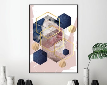 Poster digital download in blush pink navy blue and gold Downloadable abstract print Printable hexagon wall art Scandi decor modern