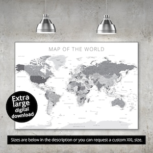 Téléchargement numérique de carte du monde gris blanc noir, carte du monde imprimable XXL, très détaillée avec les États-Unis, impression d'affiche de carte du monde extra large
