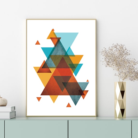 Geometric Triangle Art Print, Teal, Orange, Scandinavian Decor (Digital Download)