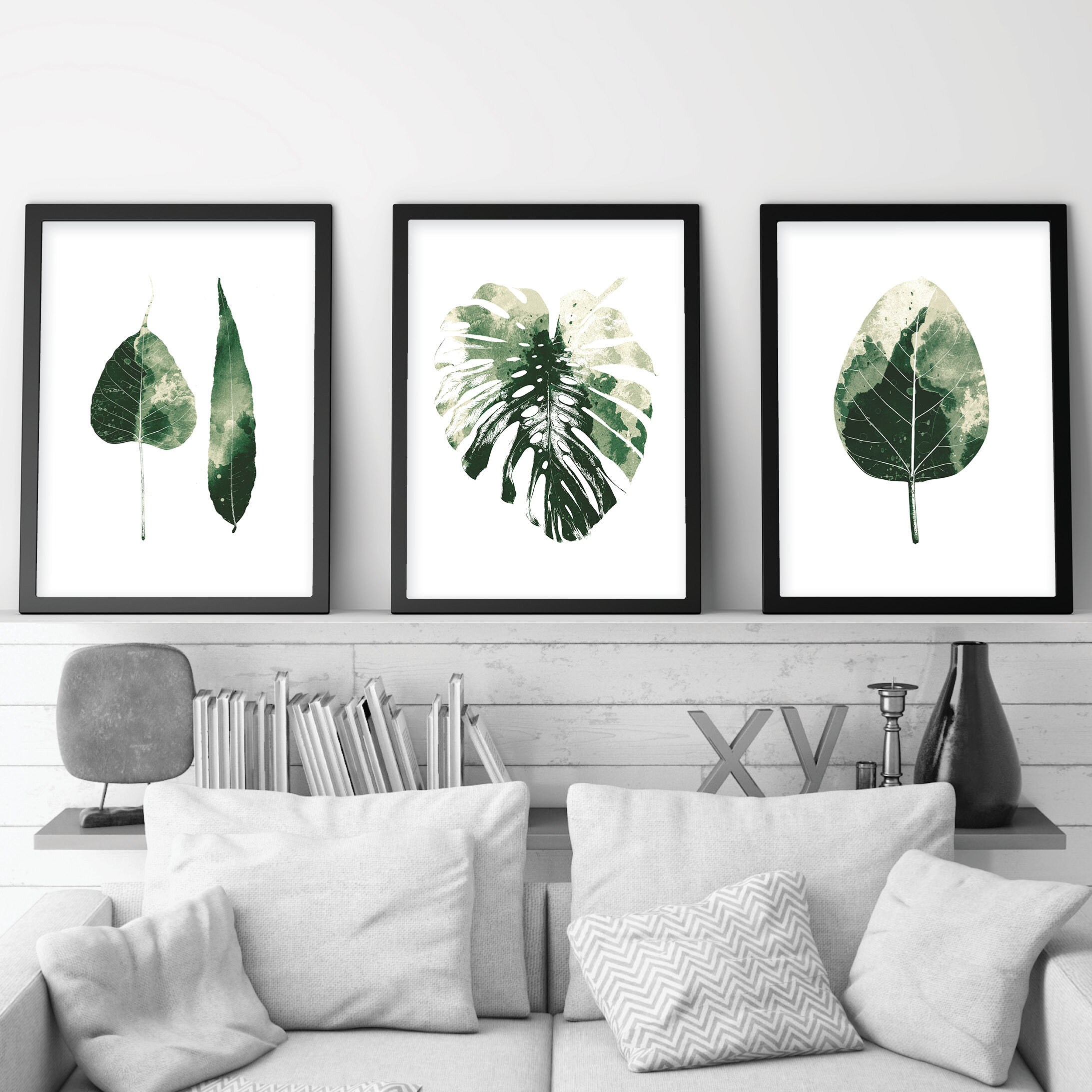 Downloadable Set of 3 Botanical Leaf Prints Printable Wall Art Green ...