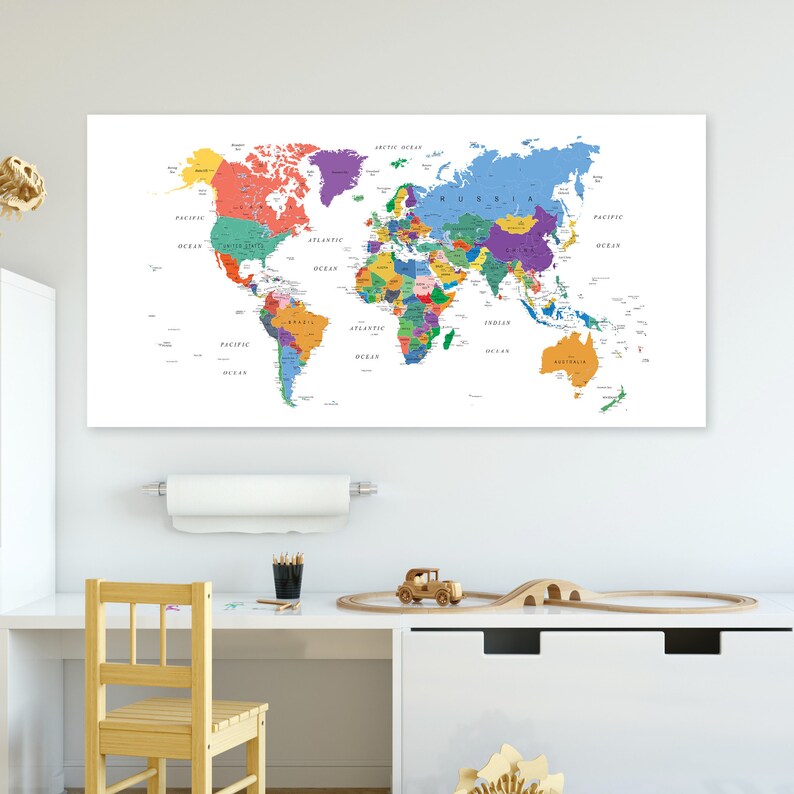 Downloadable World Map Brightly Colored Kids Playroom Large Etsy