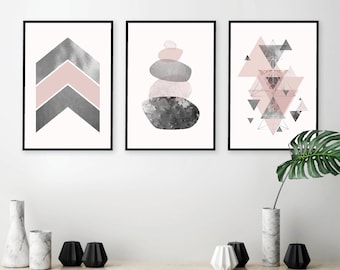 Geometric Art Prints, Pink Grey Decor (Set of 3) (Digital Download)