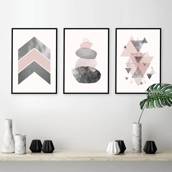 Set of 3 downloadable prints pink grey silver Printable geometric art Poster wall Bedroom decor Balancing Stones Scandinavian Trending Now