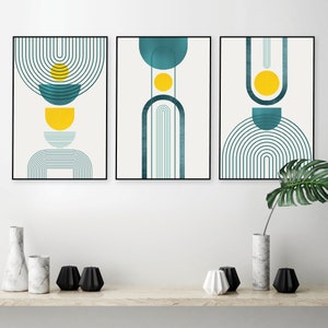 Printable modern mid century set of 3, Teal yellow, Downloadable teal mustard wall art, Digital wall art set, Matching art, Living room art