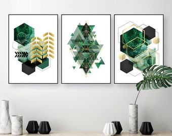 Emerald green geometric downloadable art, Green gold downloadable print, Emerald black gold printable art, Living room art, Matching art set