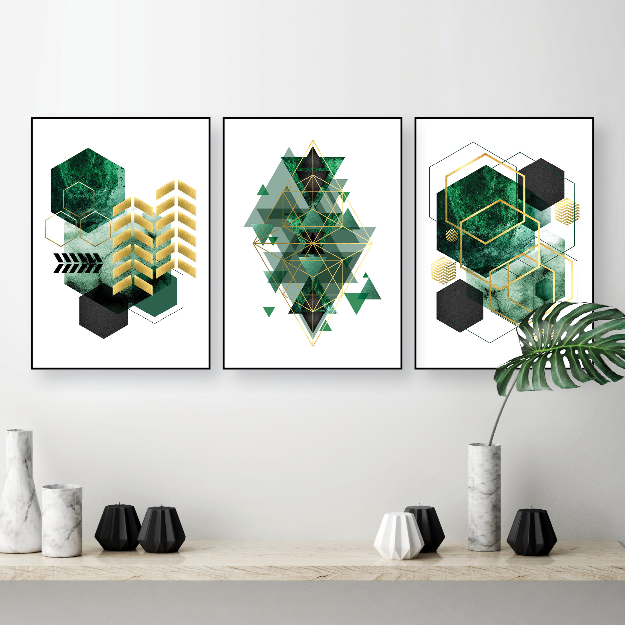 Smaragdgrün geometrische herunterladbare Kunst, Grüngold herunterladbarer Druck, Smaragdschwarzgold druckbare Kunst, Wohnzimmerkunst, Zusammenpassendes Kunstset