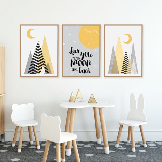 Set Von 3 Skandinavischen Downloads Kindergarten Berg Drucke Senf Gelb Grau Schwarz Scandi Berge Wand Kunst Kindergarten Druckbare Poster