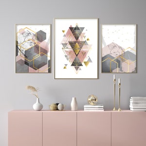 Set of 3 printable blush pink grey gold posters Living room art large Digital download geometric wall art Downloadable modern artwork trio